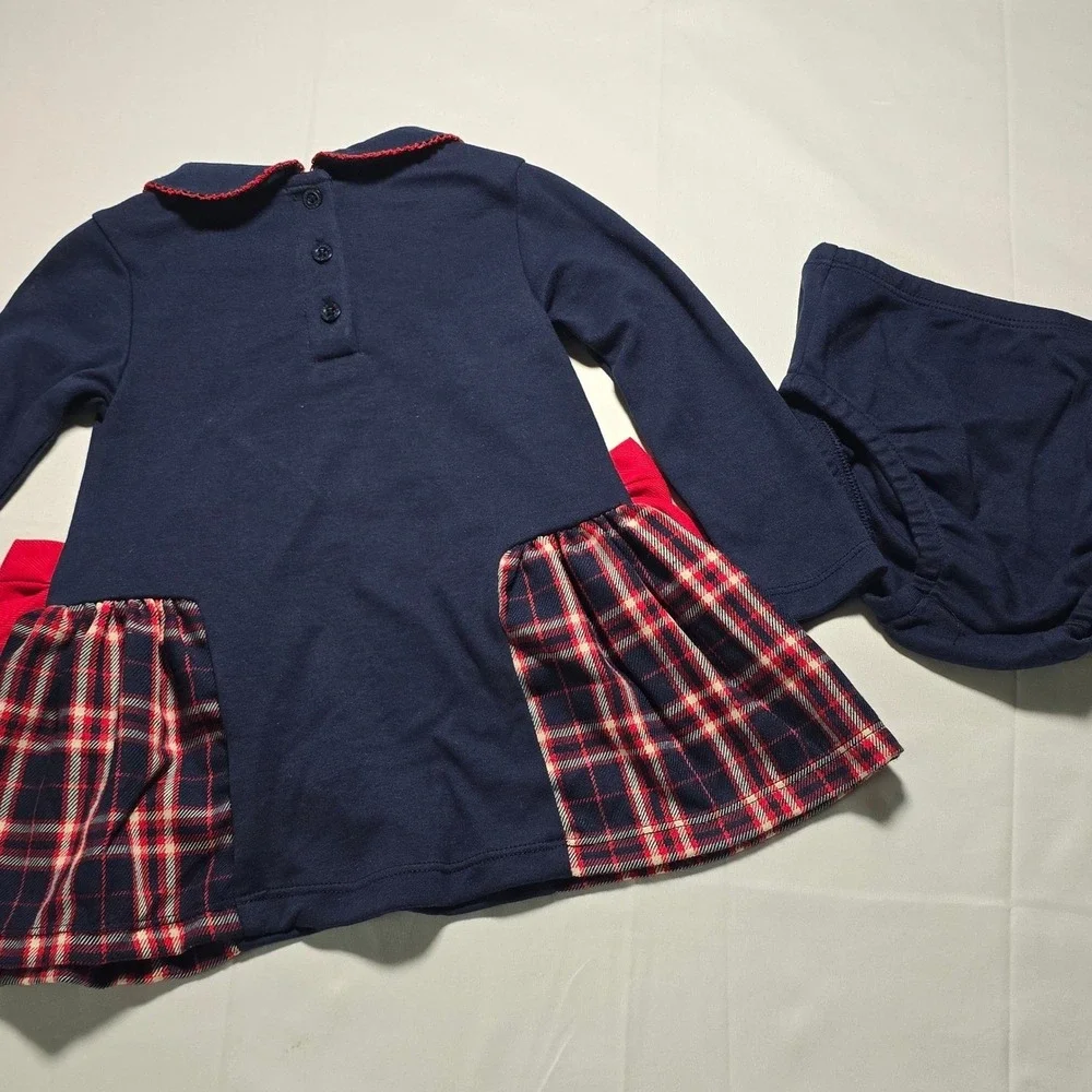 Tommy Hilfiger Baby Girl 18m Navy Plaid Bow Dress Set with Diaper Cover NWT
